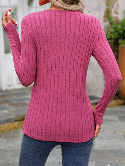 Decorative Button Round Neck Long Sleeve T-Shirt