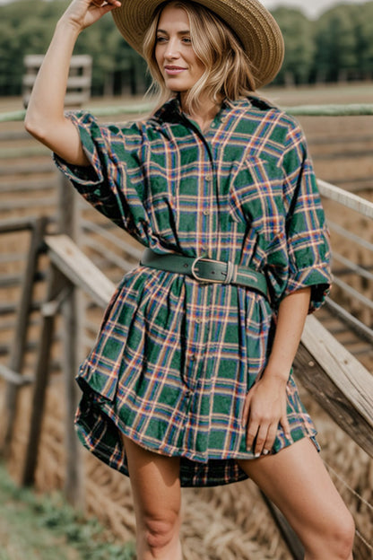 Plaid Button Up Collared Neck Shirt Dress